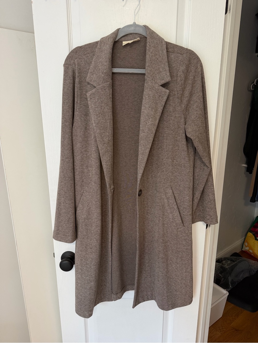 MELLODAY Taupe Open-Front Long Knit Blazer